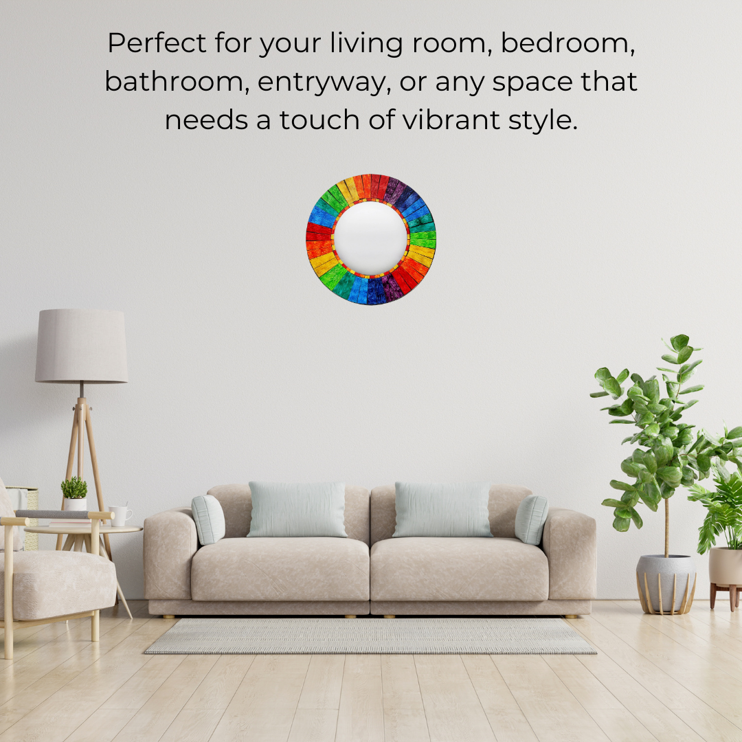 Round Rainbow Mosaic Wall Mirror | Colorful Glass Tile Decor - Eye-Catching Bohemian Chic, Home/Bathroom Decor. Beautiful 40x40cm Entryway Mirror. Handmade in Bali. Great Gift Idea. Celebrate Pride. Buy Now at Sacred Remedy