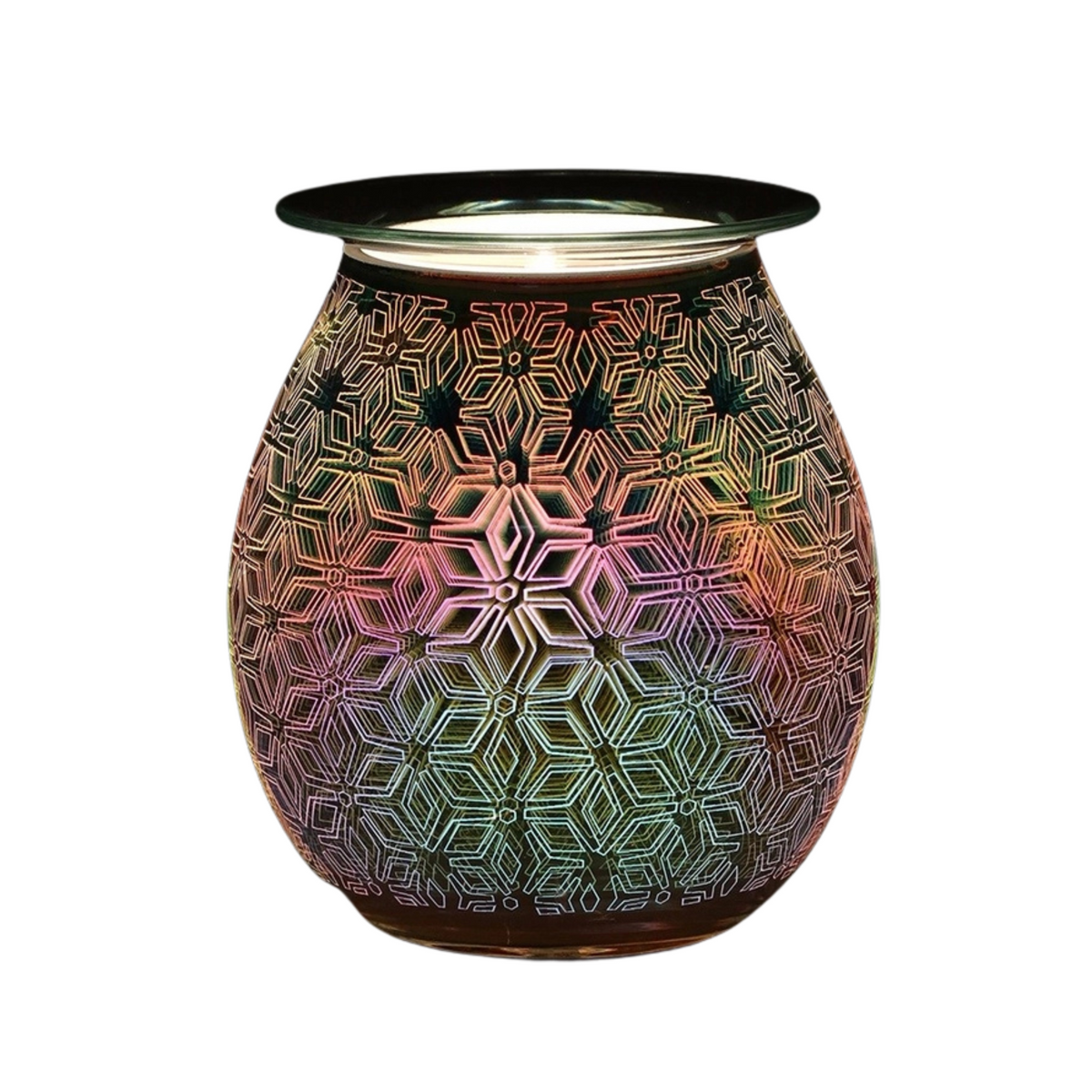 3D glass electric wax melt burner with a glowing, multi-colored sacred geometry pattern and mirrored finish.