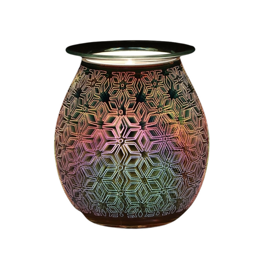 3D glass electric wax melt burner with a glowing, multi-colored sacred geometry pattern and mirrored finish.