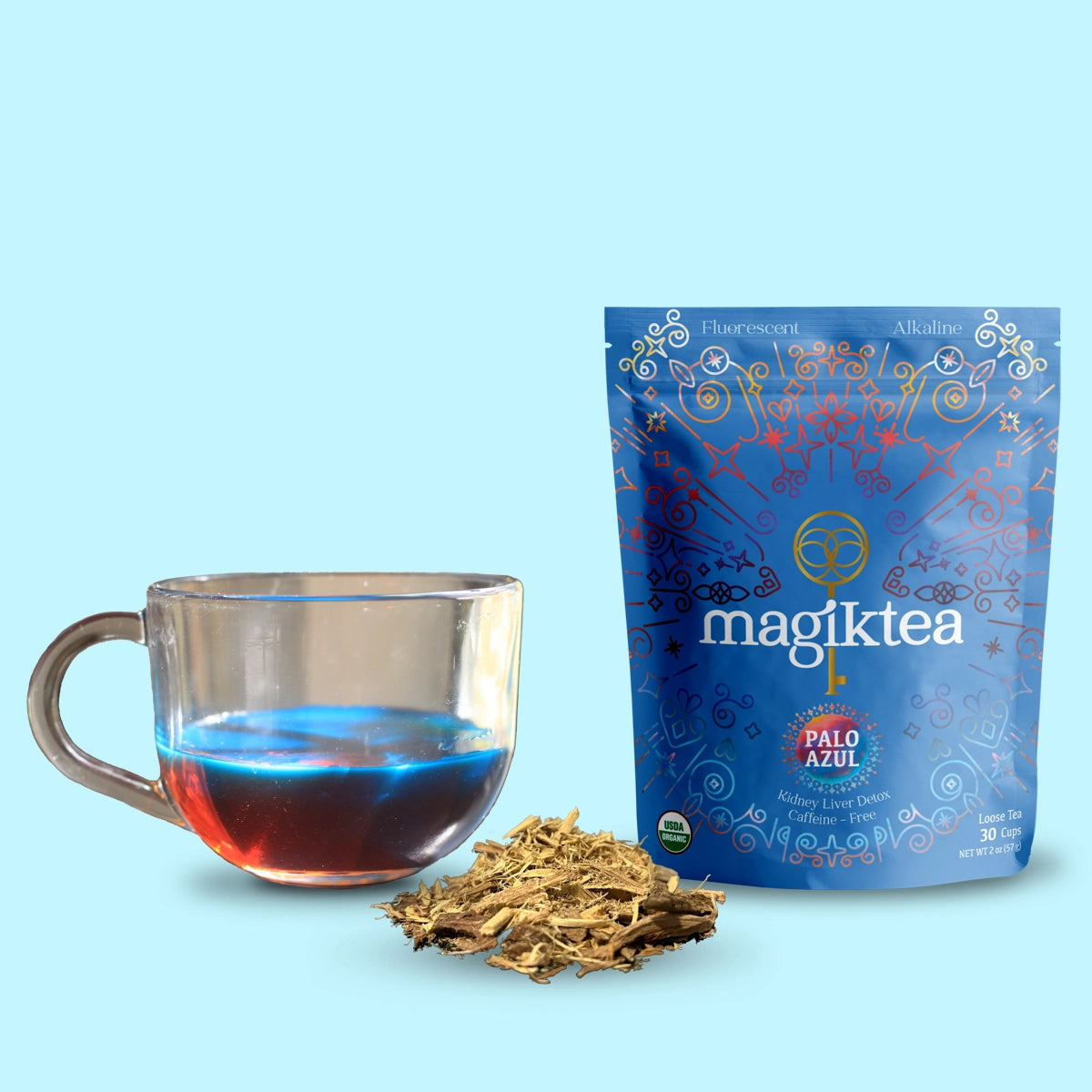 Organic Palo Azul Fluorescent Blue Tea | Kidneywood & Detox - 100% Organic Palo Azul tea bags. Fluorescent blue glow, 8x more antioxidants than green tea. Supports kidney health, detox & alkaline balance. Buy Now at Sacred Remedy