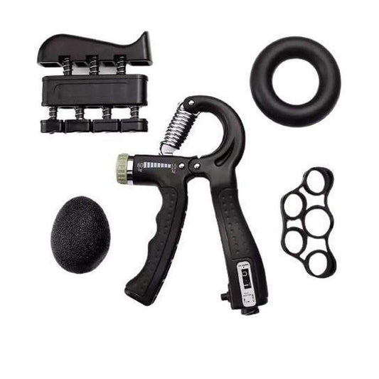 Five-piece black hand grip strength kit featuring an adjustable gripper, finger exerciser, stress ball, and resistance rings.