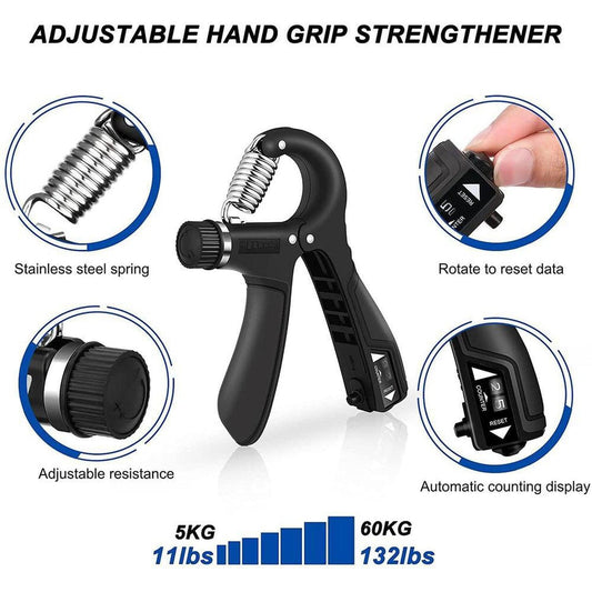 Black adjustable hand grip strengthener with stainless steel spring, resistance dial, and digital counting display.