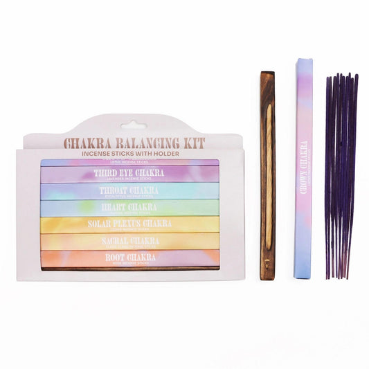 7 Chakra incense gift set with colorful boxes, a wooden holder, and purple Crown Chakra incense sticks on white.