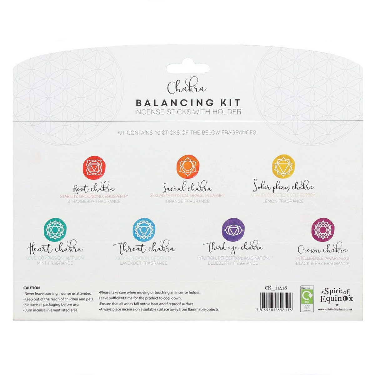 Back of a 7 Chakra incense gift set packaging featuring colorful chakra symbols, fragrance labels, and safety instructions.