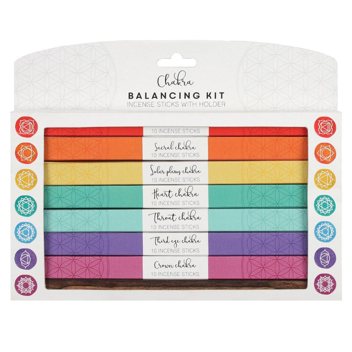 7 Chakra incense gift set with seven colorful boxes, labeled sticks, and a wooden holder in a decorative display package.