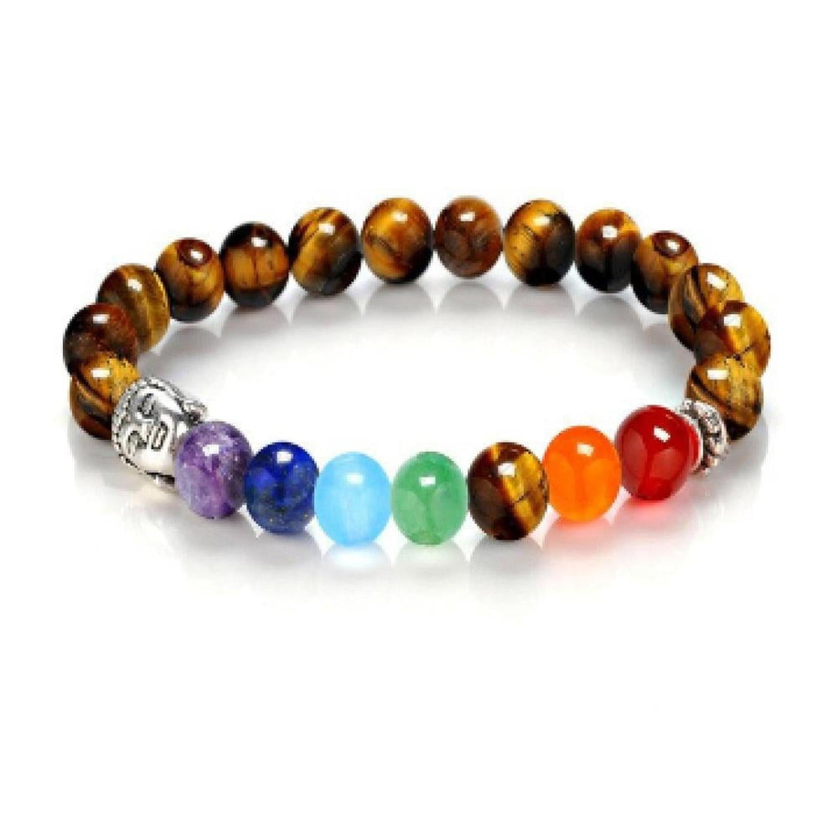 7 chakra beaded bracelet with tiger eye stones and a silver Buddha head charm on a white background.