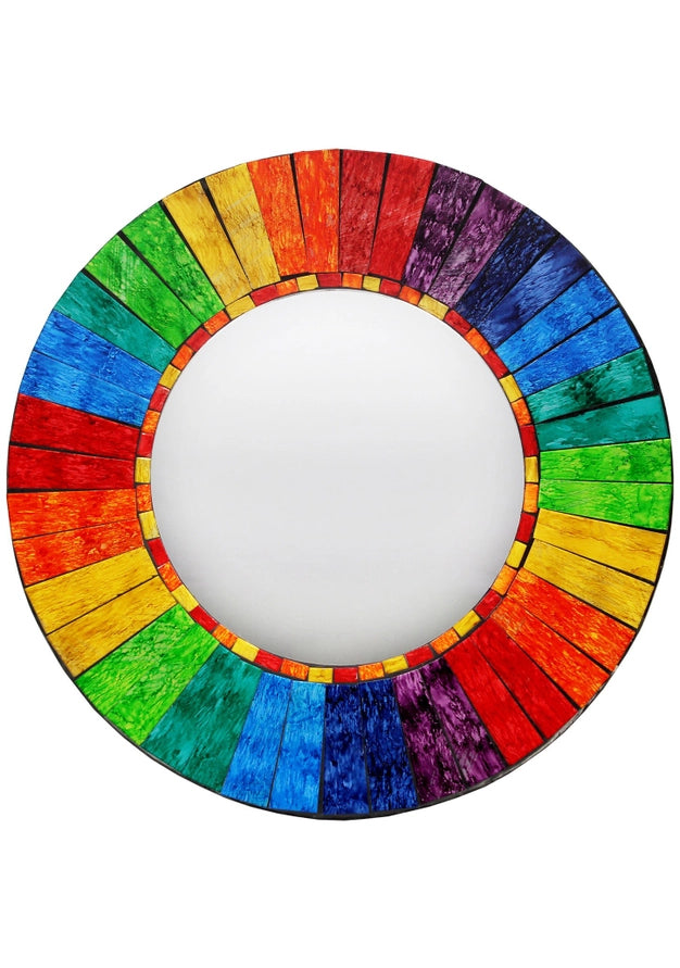 Handmade Rainbow Mosaic Wall Mirror - Bali Glass Art for Home Decor - Add joy to your home with this stunning Round Rainbow Mosaic Wall Mirror. Handmade in Bali, the vibrant glass tiles create a unique, eye-catching piece for any room. Buy Now at Sacred Remedy