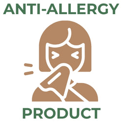 Brown icon of a person sneezing into a tissue with green Anti-Allergy Product text above and below.