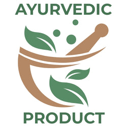 Ayurvedic product logo featuring a brown mortar and pestle icon with green leaves and text on a white background.