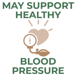 Text reading May Support Healthy Blood Pressure with a beige heart icon and a brown sphygmomanometer graphic.
