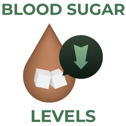 Illustration of a blood drop with test strips and a downward arrow, labeled 'Blood Sugar Levels'.