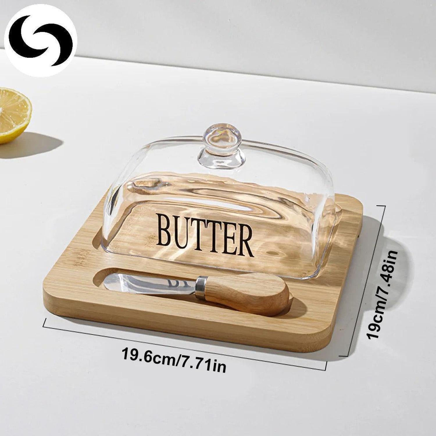 Bamboo & Glass Butter Dish / Cheese Storage with Cutter Tool - Elegant Brown Bamboo Butter Dish. Keeps butter spreadable. Features a clear glass lid, integrated stainless steel cutter, and non-slip grip. Buy Now at Sacred Remedy