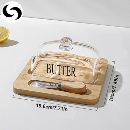 Bamboo & Glass Butter Dish / Cheese Storage with Cutter Tool - Elegant Brown Bamboo Butter Dish. Keeps butter spreadable. Features a clear glass lid, integrated stainless steel cutter, and non-slip grip. Buy Now at Sacred Remedy