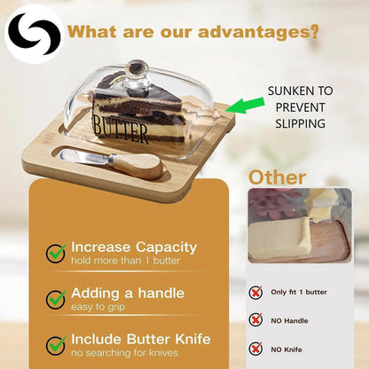 Bamboo & Glass Butter Dish / Cheese Storage with Cutter Tool - Elegant Brown Bamboo Butter Dish. Keeps butter spreadable. Features a clear glass lid, integrated stainless steel cutter, and non-slip grip. Buy Now at Sacred Remedy