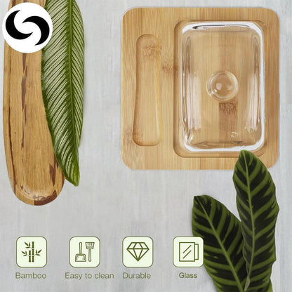 Bamboo & Glass Butter Dish / Cheese Storage with Cutter Tool - Elegant Brown Bamboo Butter Dish. Keeps butter spreadable. Features a clear glass lid, integrated stainless steel cutter, and non-slip grip. Buy Now at Sacred Remedy