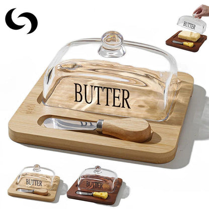 Bamboo & Glass Butter Dish / Cheese Storage with Cutter Tool - Elegant Brown Bamboo Butter Dish. Keeps butter spreadable. Features a clear glass lid, integrated stainless steel cutter, and non-slip grip. Buy Now at Sacred Remedy