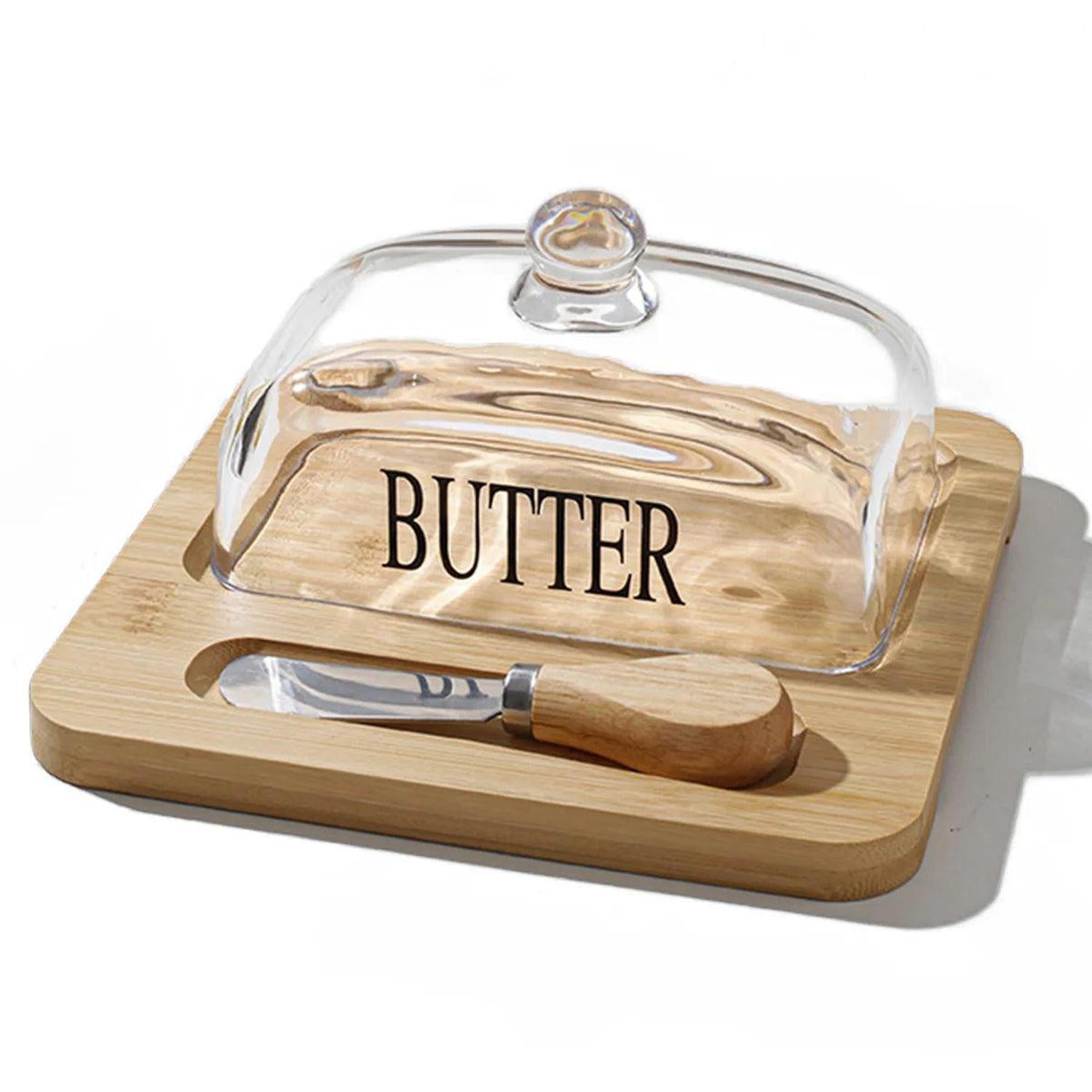 Bamboo & Glass Butter Dish / Cheese Storage with Cutter Tool - Elegant Brown Bamboo Butter Dish. Keeps butter spreadable. Features a clear glass lid, integrated stainless steel cutter, and non-slip grip. Buy Now at Sacred Remedy
