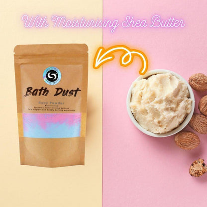 Baby Powder Bath Dust | Fizzing Bath Bomb Alternative for Soft Skin - Indulge in our Baby Powder Bath Dust! This magical, fizzing powder is packed with Shea Butter for silky-soft skin & scented with a comforting, nostalgic aroma. Buy Now at Sacred Remedy