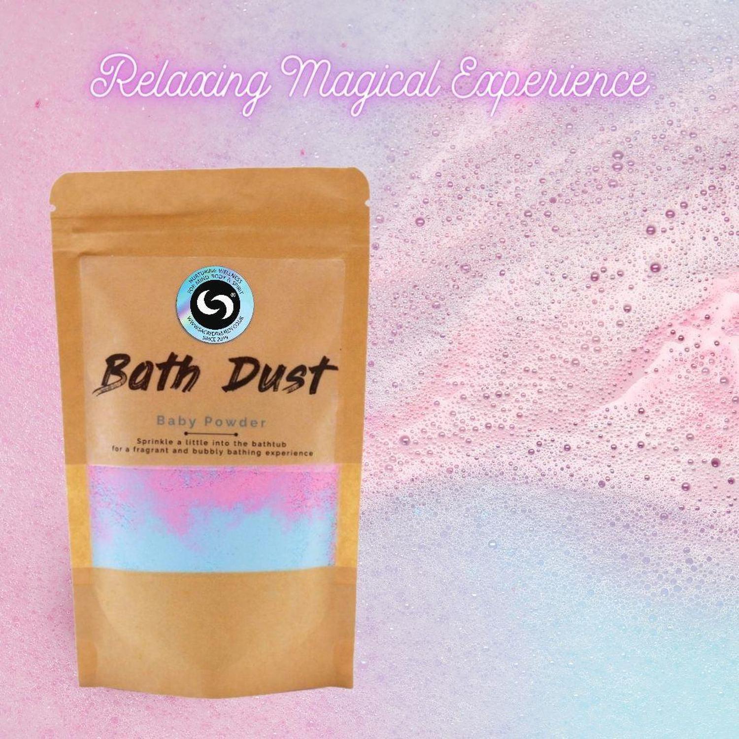 Baby Powder Bath Dust | Fizzing Bath Bomb Alternative for Soft Skin - Indulge in our Baby Powder Bath Dust! This magical, fizzing powder is packed with Shea Butter for silky-soft skin & scented with a comforting, nostalgic aroma. Buy Now at Sacred Remedy
