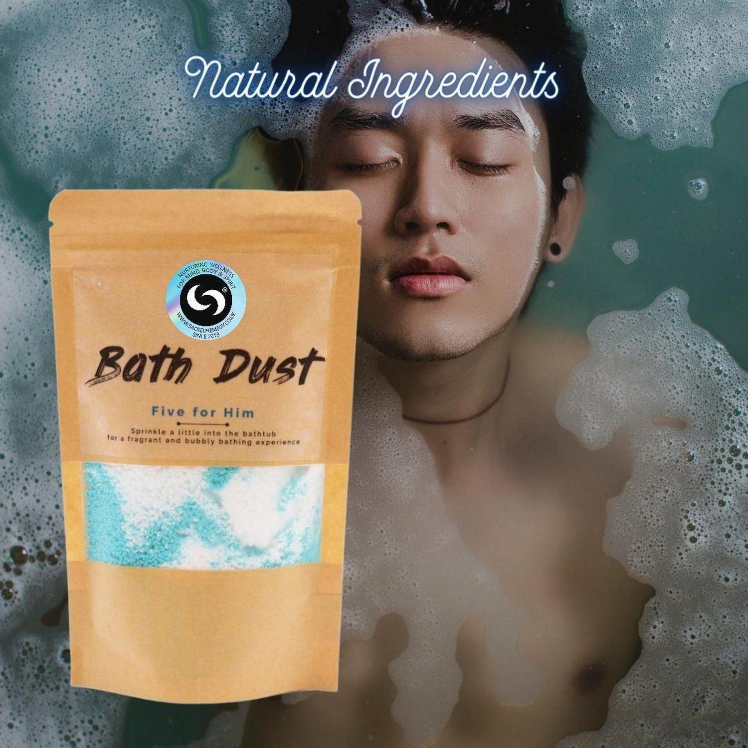 Five for Him Bath Dust | Masculine Scented Bath Bomb Alternative - The ultimate bath upgrade! Our Five for Him Bath Dust offers a bold, clean scent, fizzy blue water, and Shea Butter for soft, non-greasy skin. Perfect for men's self-care. Buy Now at Sacred Remedy