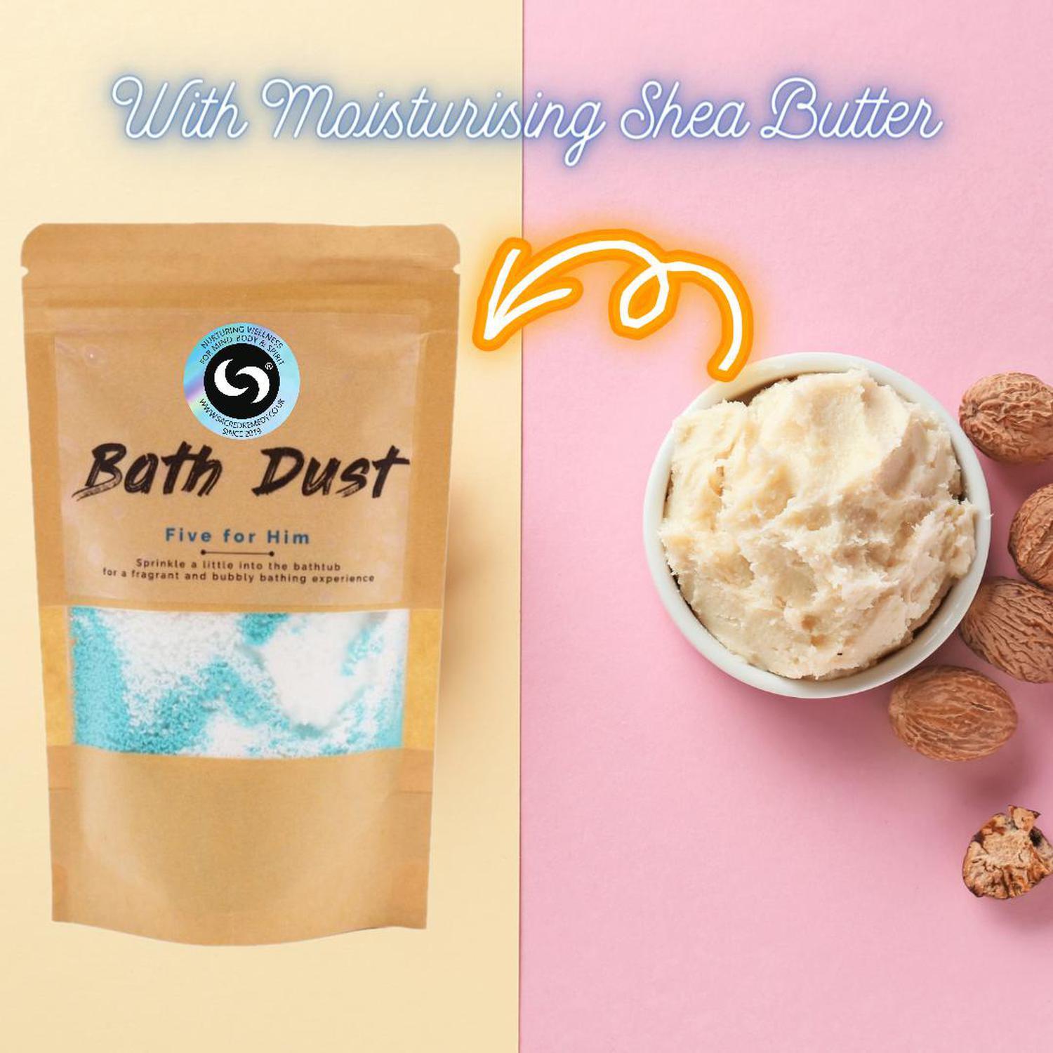 Five for Him Bath Dust | Masculine Scented Bath Bomb Alternative - The ultimate bath upgrade! Our Five for Him Bath Dust offers a bold, clean scent, fizzy blue water, and Shea Butter for soft, non-greasy skin. Perfect for men's self-care. Buy Now at Sacred Remedy