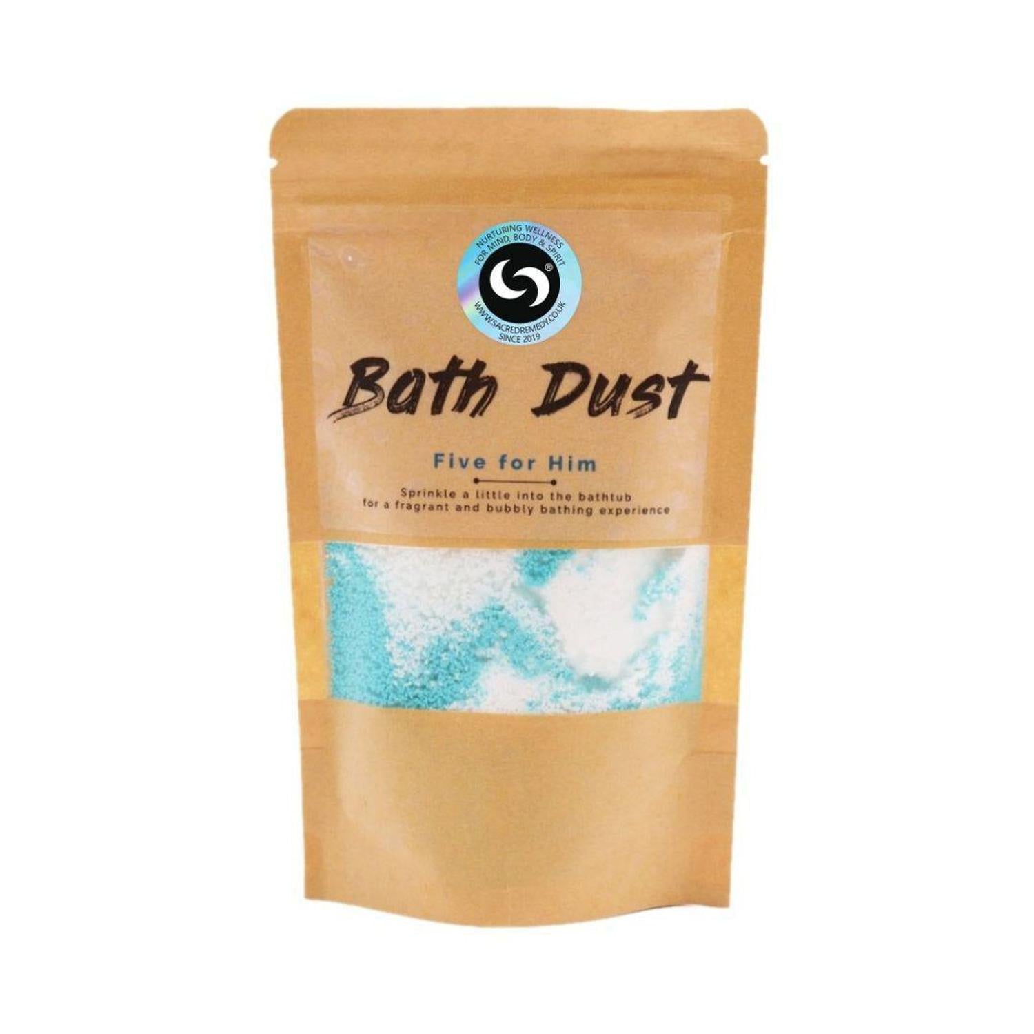 Five for Him Bath Dust | Masculine Scented Bath Bomb Alternative - The ultimate bath upgrade! Our Five for Him Bath Dust offers a bold, clean scent, fizzy blue water, and Shea Butter for soft, non-greasy skin. Perfect for men's self-care. Buy Now at Sacred Remedy