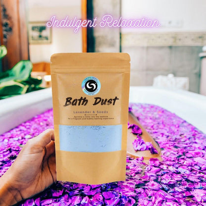 Lavender Bath Dust | Fun Fizzing Bath Bomb Alternative for Sleep - Unleash serious relaxation with our Lavender & Seeds Bath Dust! A fun, fizzing bath bomb alternative infused with Shea Butter for silky-soft skin & better sleep. Buy Now at Sacred Remedy
