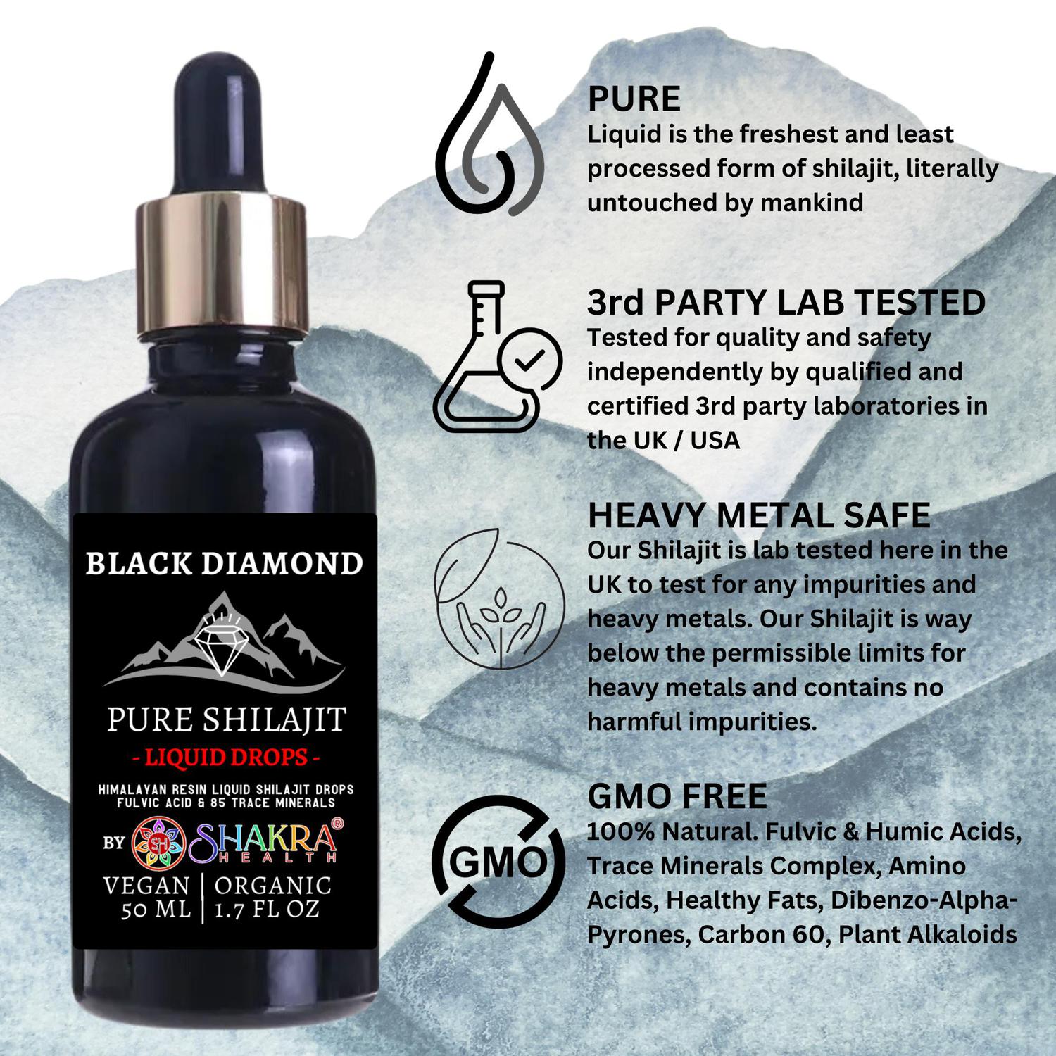 Black Diamond Liquid Shilajit Drops 50ml | 16,000 ft Himalayan - Pure Black Diamond Liquid Shilajit (85+ minerals). Sourced at 16,000 ft for energy, cognition, and hormone balance. Patented filtration, vegan. Buy Now at Sacred Remedy
