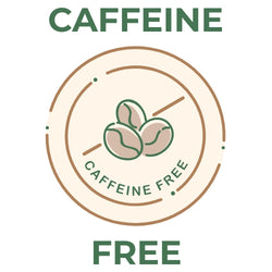 Caffeine-free label featuring three coffee beans inside a circular badge with green text on a cream background.