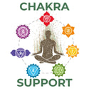 Chakra symbols with a silhouette of a person meditating on a white background, featuring the text 'CHAKRA SUPPORT'.