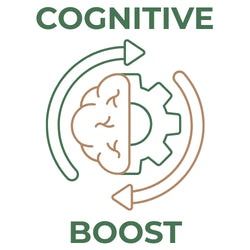 Green and brown icon featuring a brain merged with a gear, surrounded by circular arrows, with the text COGNITIVE BOOST.