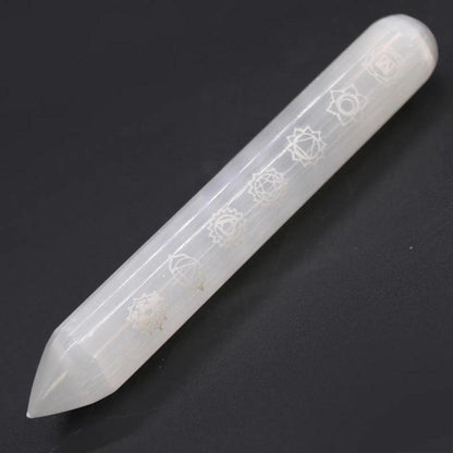 Selenite 7 Chakra Engraved Wand - Energy Cleanser & Crystal Amplifier - Selenite wand engraved with 7 Chakras. Powerful energy cleanser, aura tool, and crystal amplifier. Promotes peace, clarity, and high-vibe energy flow. Buy Now at Sacred Remedy