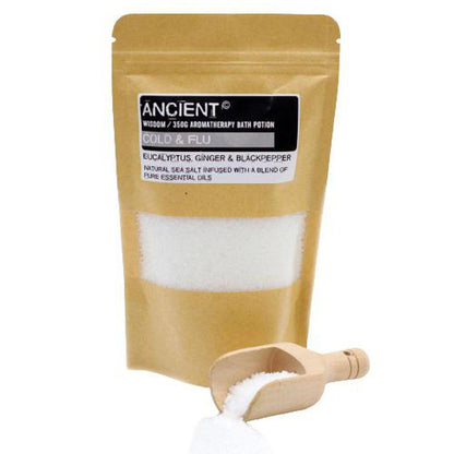 Cold & Flu Bath Salts | Eucalyptus & Ginger Muscle Relief - Therapeutic sea salt blend with Eucalyptus & Ginger for cold, flu, and muscle relief. Decongest and detox with this warming aromatherapy bath. Buy Now at Sacred Remedy