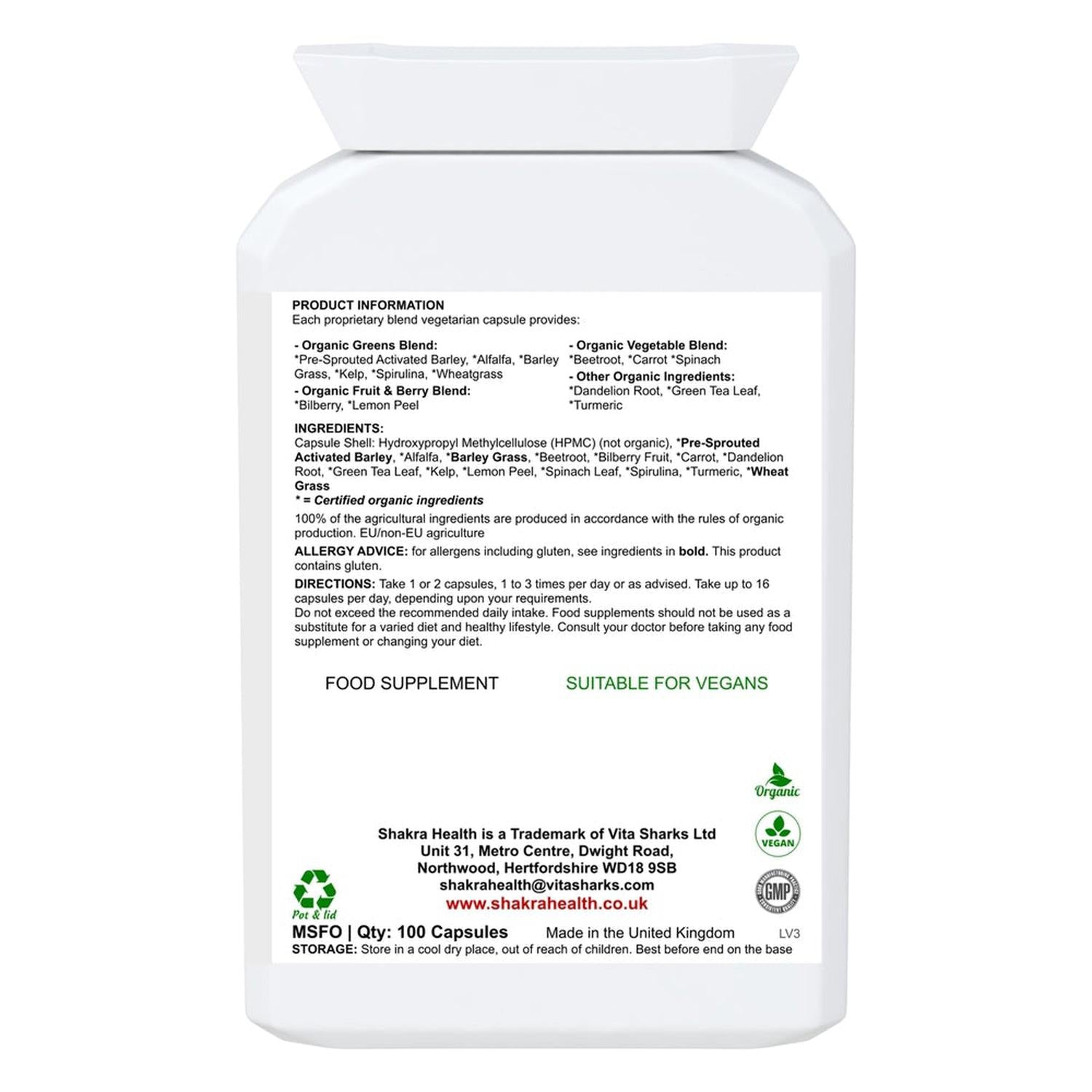 Complete Moksha the Organic Multi-Nutrient Superfood Supplement by Shakra Health UK - An organic food form blend of greens, vegetables, fruits, berries, herbs, mushrooms, sprouts and seeds PLUS bio-active enzymes – all in one easy-to-take daily capsule. Organic, vegan nutrition made easy. Buy Now at Sacred Remedy