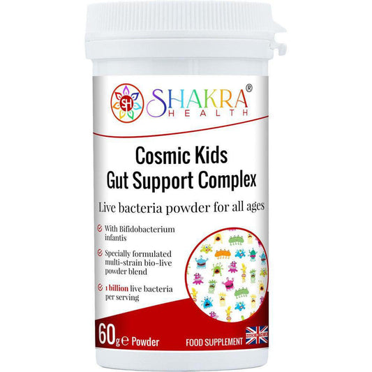 Cosmic Kids Children's Multi-Strain Probiotic Powder | Gut Support Complex by Shakra Health UK - A child-specific probiotic supplement in tasteless powder form, suitable for babies and children of all ages. It is designed to support healthy levels of intestinal flora at all times, but particularly after a course of antibiotics or following a digestive upset or other illness. Buy Now at Sacred Remedy