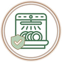 Icon of a dishwasher with a shield and check mark, symbolizing a quality or certification badge.