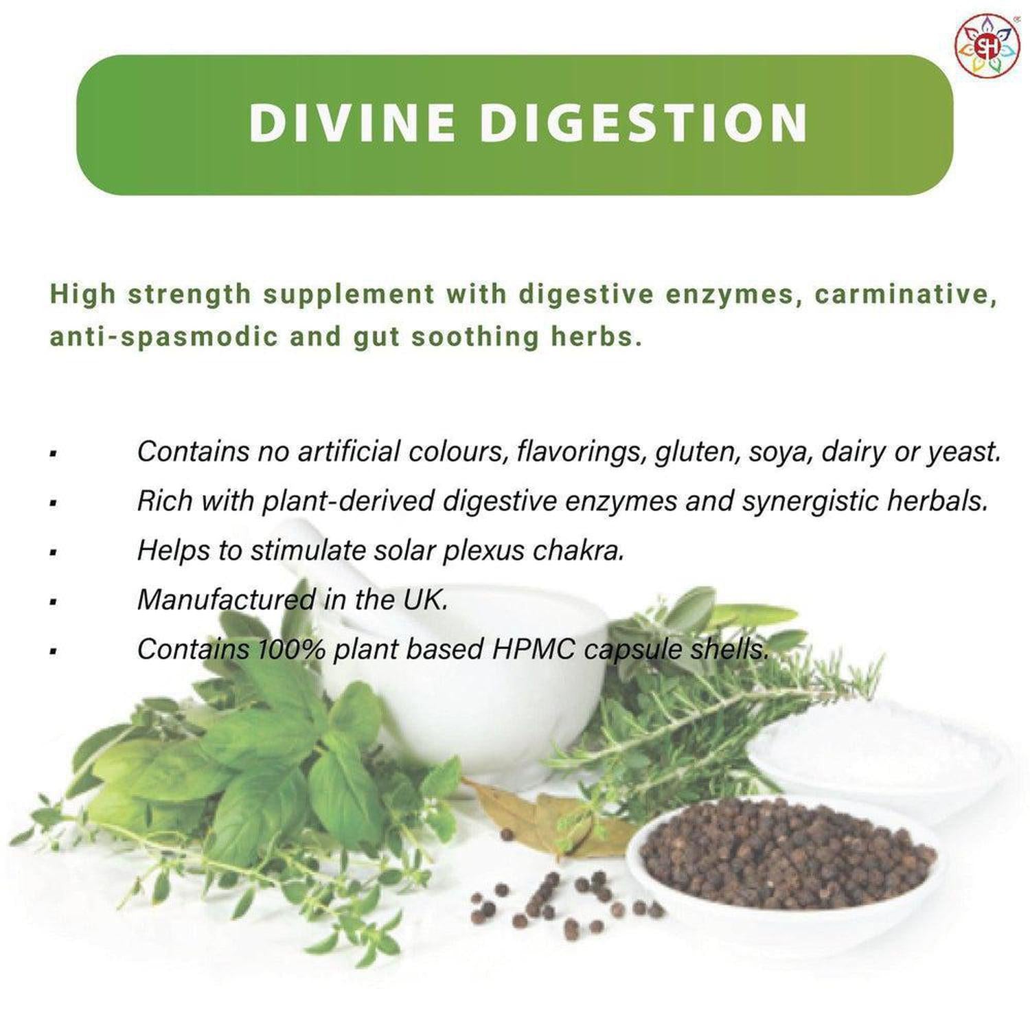 Divine Digestion | Anti-Spasmodic & Gut-Soothing - Support your second brain! High-strength digestive enzymes (Bromelain, Papain) with Turmeric & Ginger for gut health, nutrient absorption & a balanced Solar Plexus Buy Now at Sacred Remedy