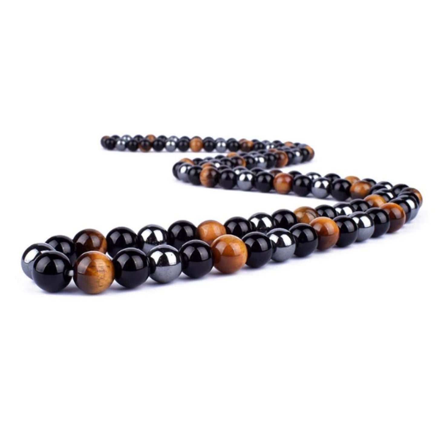 Dual Protection Tigers Eye, Hematite & Obsidian Necklace - A stunning 50cm long Handcrafted energy necklace. These stones are heavyweights in combating negative energies. Embrace protection and positive vibes with this captivating piece combining the powerful properties of three unique gemstones, making it a must-have for anyone seeking balance and a shield against negativity. Buy Now at Sacred Remedy