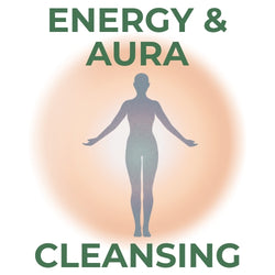 Silhouette of a person with 'Energy & Aura Cleansing' text on a light background
