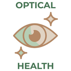 Minimalist eye icon with sparkling stars and the text Optical Health in green and beige tones.