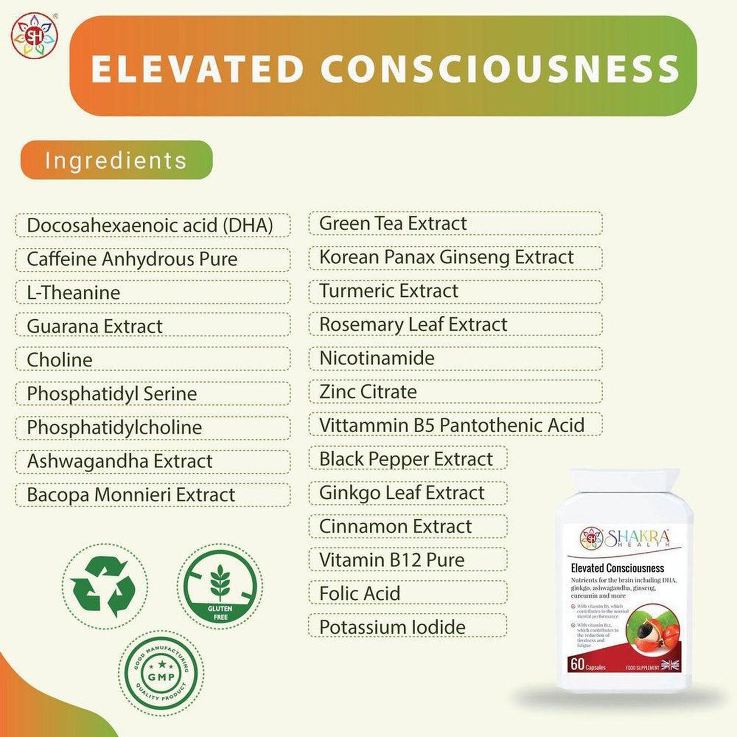 Elevated Consciousness | Natural Nootropic & Brain Food Supplement by Shakra Health UK - A super-concentrated, powerful food supplement for the brain - a natural nootropic and nutritional cognitive enhancer. And more! It contains a special combination of vitamin and mineral ingredients that support focus, concentration, mental performance, memory recall and energy levels. Buy Now at Sacred Remedy