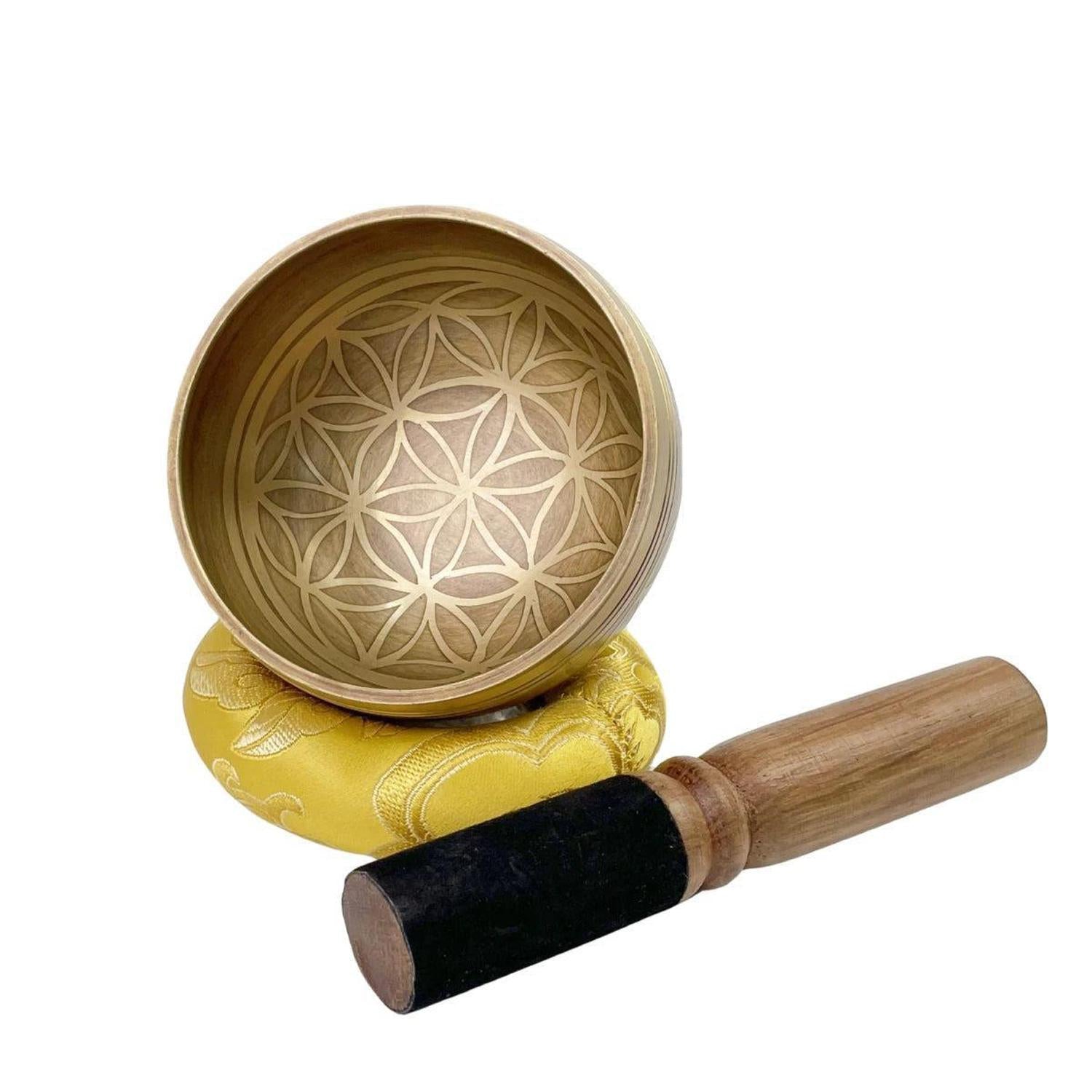 Tibetan Singing Bowl Set | Meditation & Sound Healing - Shop this hand-hammered Tibetan Singing Bowl Set. Features the Flower of Life symbol for meditation. Perfect for stress reduction, sound healing, and yoga. Buy Now at Sacred Remedy