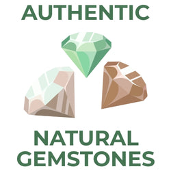 Three faceted gemstones in green, white, and brown with the text Authentic Natural Gemstones on a white background.