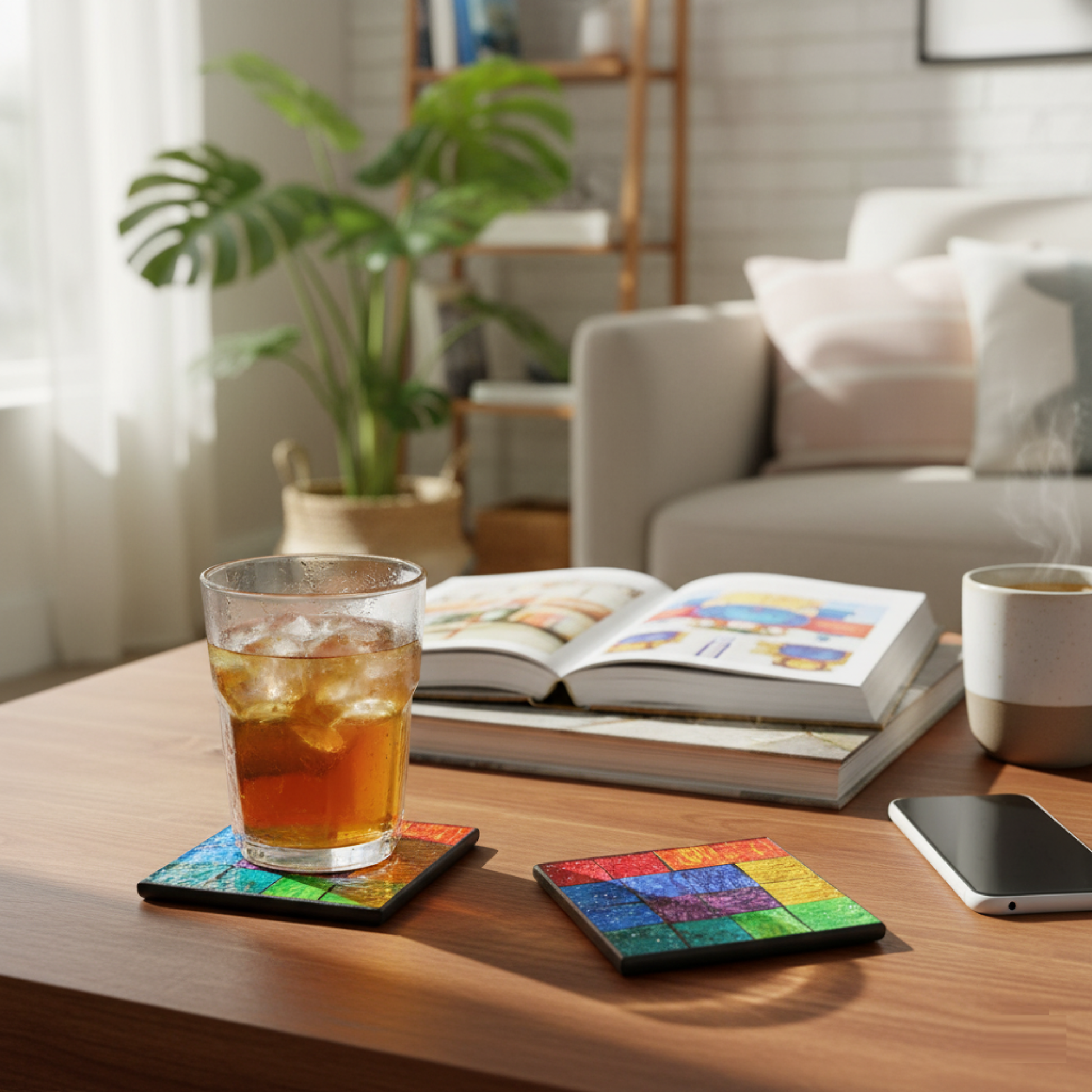 Rainbow Mosaic Coasters - Fair Trade, Handcrafted Set of 4 - Add a colorful, ethical touch! This fair trade set of 4 rainbow mosaic coasters is handcrafted in Indonesia. Protects surfaces and supports women's empowerment. Buy Now at Sacred Remedy