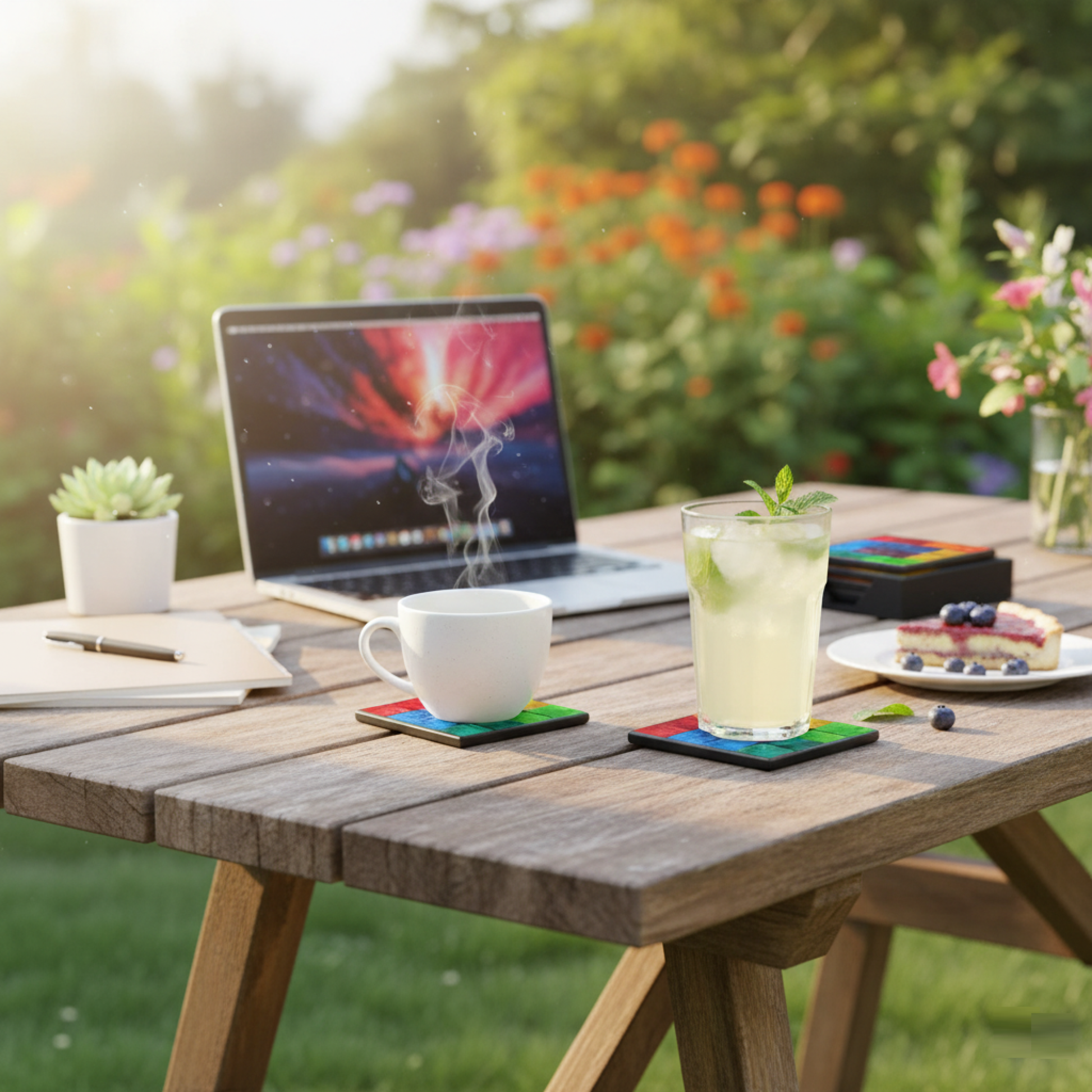 Rainbow Mosaic Coasters - Fair Trade, Handcrafted Set of 4 - Add a colorful, ethical touch! This fair trade set of 4 rainbow mosaic coasters is handcrafted in Indonesia. Protects surfaces and supports women's empowerment. Buy Now at Sacred Remedy