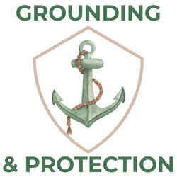 Green anchor with rope on a beige shield, surrounded by 'GROUNDING & PROTECTION' text.