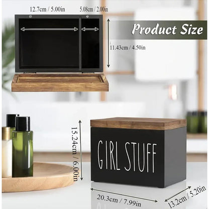 Discreet Wooden Feminine Hygiene Storage Box | Tampon & Pad Organizer - Shop this elegant wooden storage box for feminine hygiene. Discreetly stores tampons, pads, and liners. Features a hinged lid, sleek black finish, and subtle charm. Buy Now at Sacred Remedy