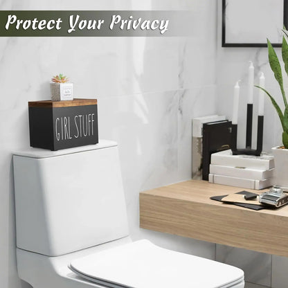 Discreet Wooden Feminine Hygiene Storage Box | Tampon & Pad Organizer - Shop this elegant wooden storage box for feminine hygiene. Discreetly stores tampons, pads, and liners. Features a hinged lid, sleek black finish, and subtle charm. Buy Now at Sacred Remedy