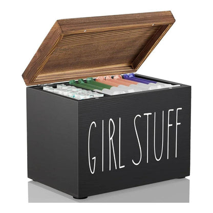 Discreet Wooden Feminine Hygiene Storage Box | Tampon & Pad Organizer - Shop this elegant wooden storage box for feminine hygiene. Discreetly stores tampons, pads, and liners. Features a hinged lid, sleek black finish, and subtle charm. Buy Now at Sacred Remedy