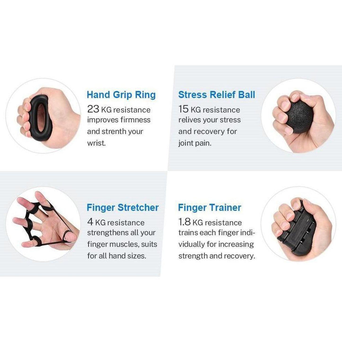 Grip Strength Trainer - 5 Piece Workout Kit | Stroke Recovery Aid - Great for stroke rehabilitation and recovery. The 5 piece hand grip strengthener set targets different hand muscle groups, improves finger and hand strength and dexterity for better performance. Helping with daily exercise of hand muscles this strengthener will leave you feeling a noticeable improvement of your hand, post wrist injuries, arthritis, carpal tunnels, tendonitis, fractures, wrist fractures and tendon surgery etc. Ergonomically 